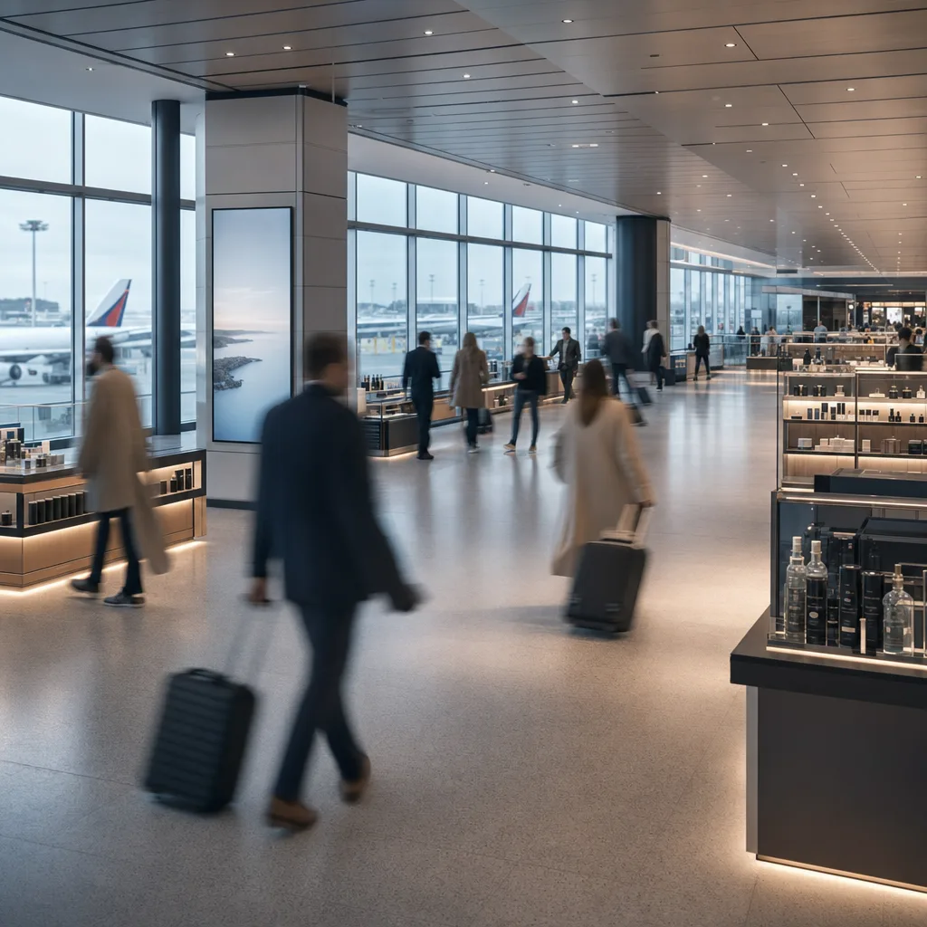 En flygplatsterminals butiksyta med en digital reklamskärm